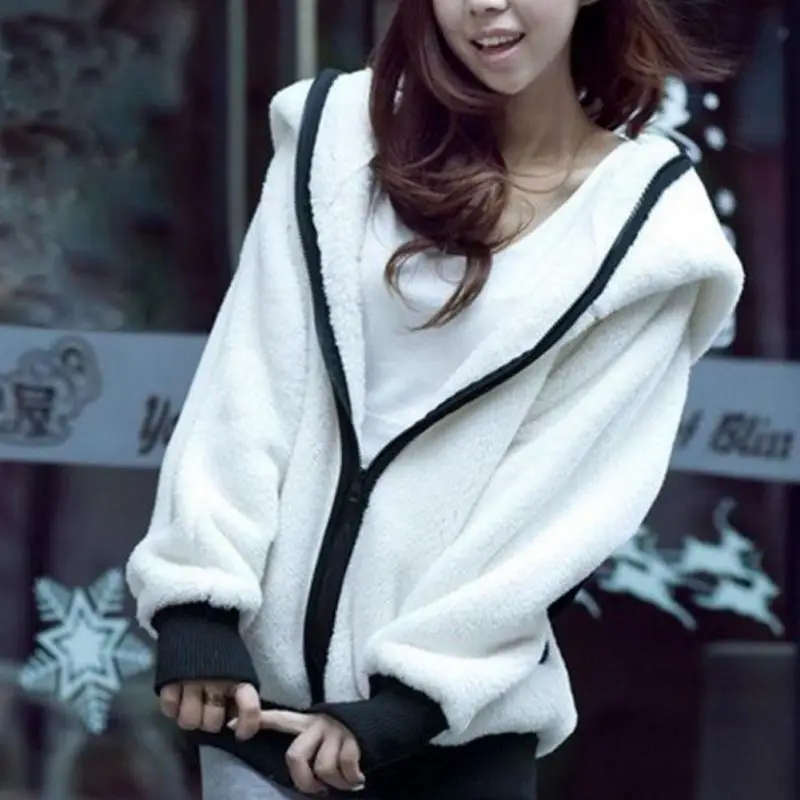 

Women Wool Black White Animal Clothes Pocket Zipper Warm Ladies Jacket with Hooded Autumn Winter Casual Female Coats