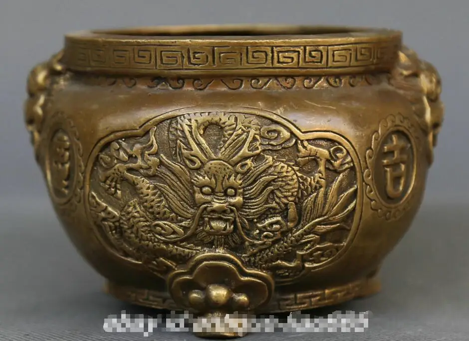 

4.5" Collect China Fengshui Bronze Animal Dragon Phoenix Lion Head Pot Jar Crock