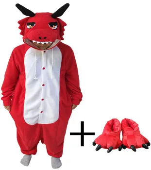 

Adult Unisex Red Dragon Onesie Winter Cute Animal Pajamas Fantasy Style With Paw Shoes Lounges Homewear Women Jumpsuit Pyjamas