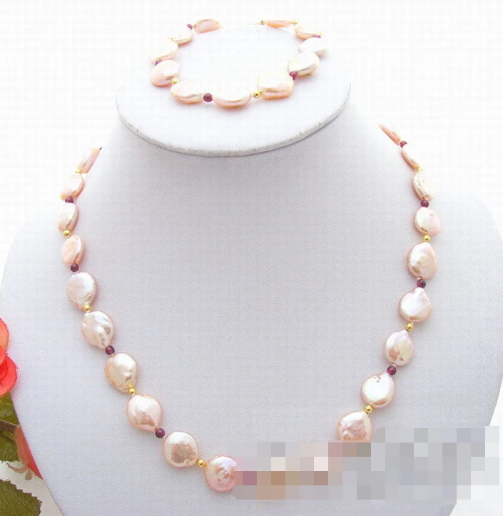 

Fast shipping + 12624 Pink Coin Pearl&Garnet Necklace&Bracelet-Set (A0516)