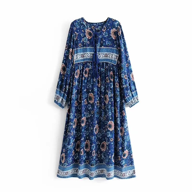 

TEELYNN tunic boho dress V-neck long sleeve rayon dresses blue floral print tassel women dresses loose dresses Gypsy vestido