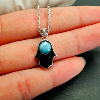 

Hot Selling Dainty Jewelry Pure 925 Sterling Silver Natural Larimar Hamsa Hand Lucky Pendant Necklace For Gift