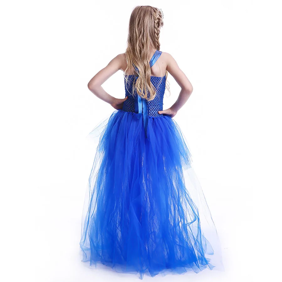 Kids Princess Blue Flowers Long Tail Tutu Dress Baby Girls Summer Tulle Wedding (7)