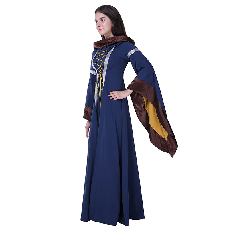 Женский костюм ведьмы на Хэллоуин для взрослых, длинное синее платье с капюшоном в средневековом стиле, одежда для женщин размера плюс