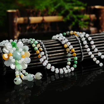 

Handmade Emerald bead Necklace solar Flower pendant burmese Jade national wind jewelry sweater Chain