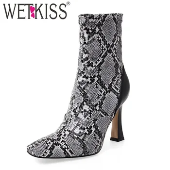 

WETKISS Stretch High Heels Boots Women Snake Skin Ankle Booties Winter Square Toe Sock Shoes Female Leather Party Shoes Ladies