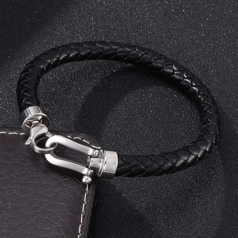 

Personality Men Leather Braided Bracelet Bangles Stainless Steel Lobster Clasp Charm Bracelet Fashion Jewelry Gifts ST0312