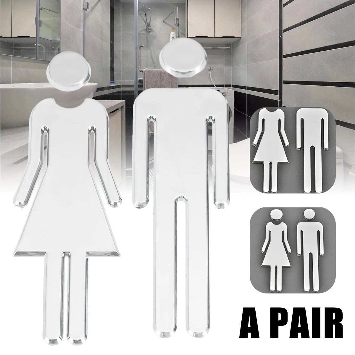1 Set Toilet Door Sign Men Women Bathroom WC Silver Wall Sticker Restroon Decor 1 Set Toilet Door Sign Men Women Bathroom WC Silver Wall Sticker Restroon Decor