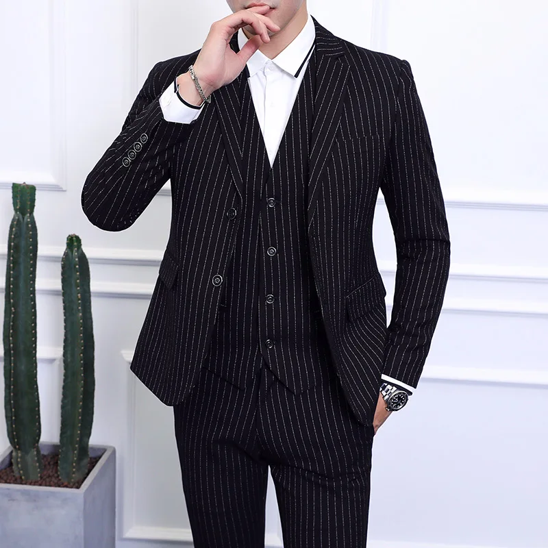 Men's Striped Suit Three-piece Large Size 6XL British Style Gentleman Business Banquet Wedding Host Fashion Quality Formal Suit Men's Striped Suit Three-piece Large Size 6XL British Style Gentleman Business Banquet Wedding Host Fashion Quality Formal Suit