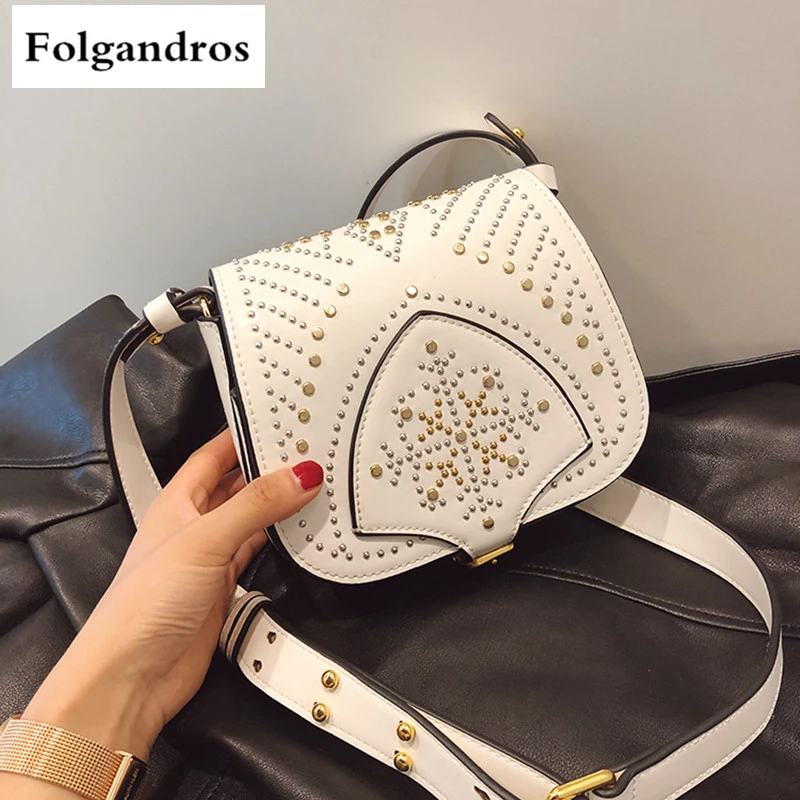 

2018 Newest Women Saddle Bag Retro Rivets Messenger Bag Fashion Leather Shoulder Crossbody Bag for Women White Handbag Louis Sac