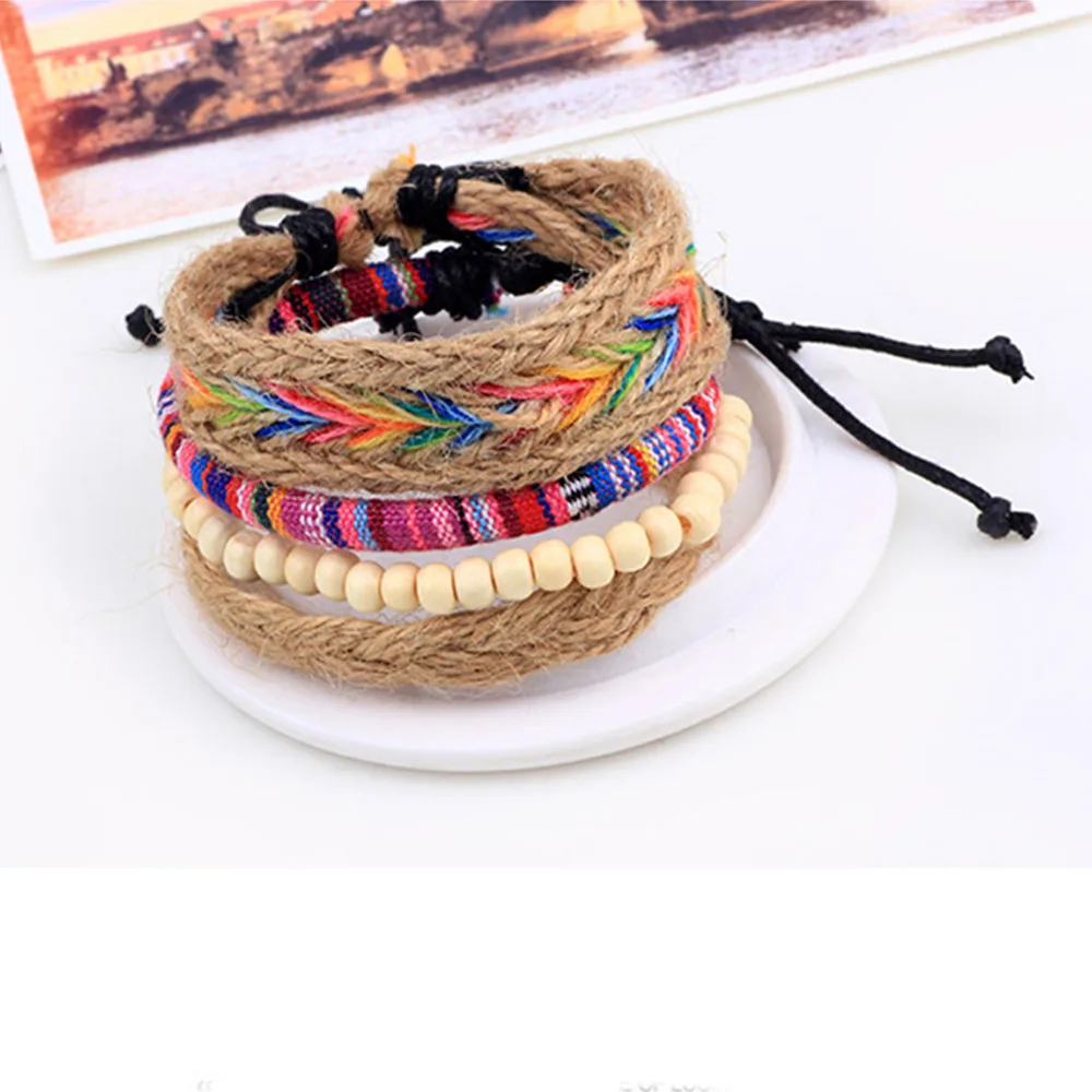 

4PCS/Set Colorful Beaded Multilayer Handmade Hemp Rope Woven Bracelets Hippy Boho Embroidery Cotton Friendship Bracelets 2019