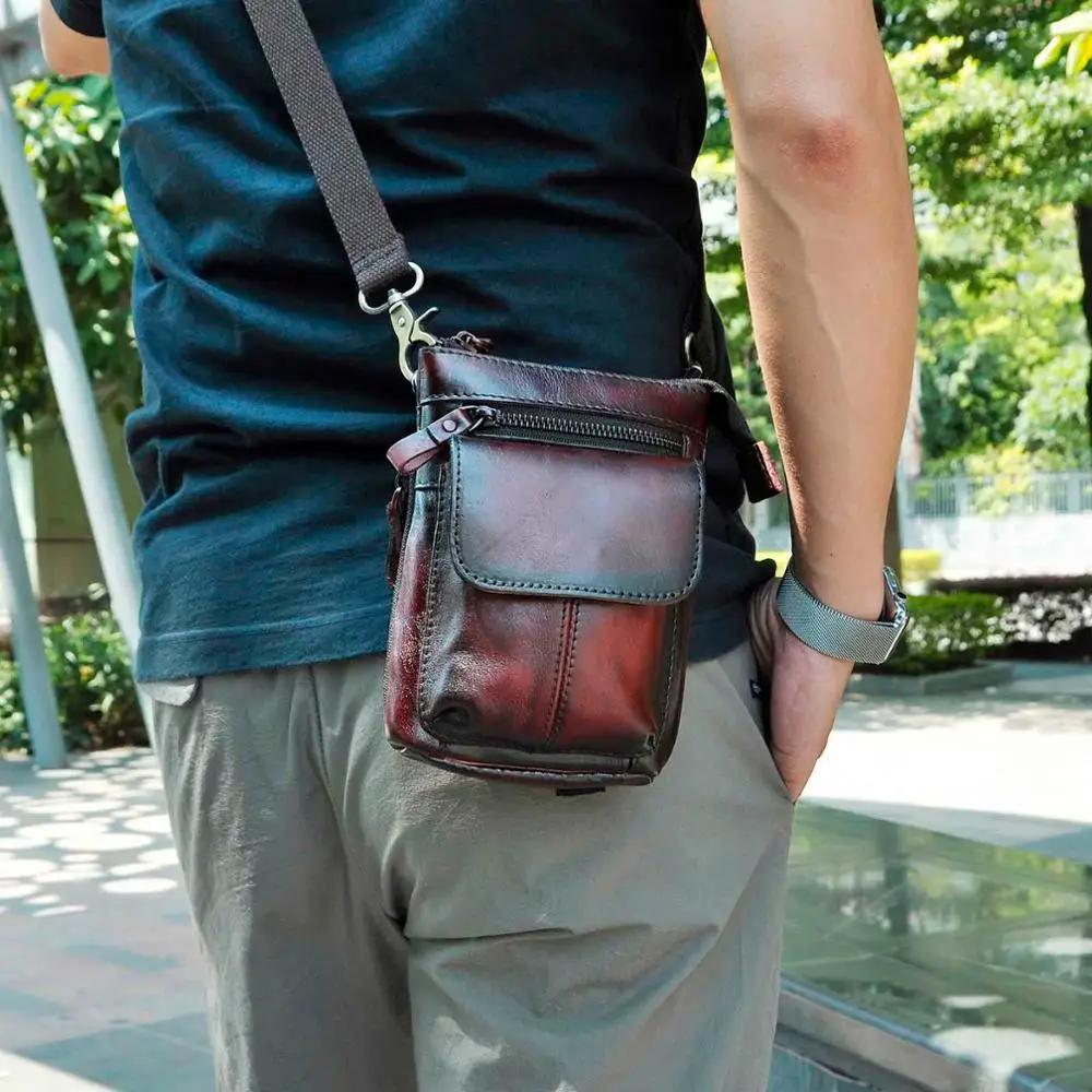 Модная мужская кожаная многофункциональная сумка через плечо, дизайнерский чехол для сигарет, чехол для телефона, поясная сумка на крючке, 611-18d - Цвет: burgundy