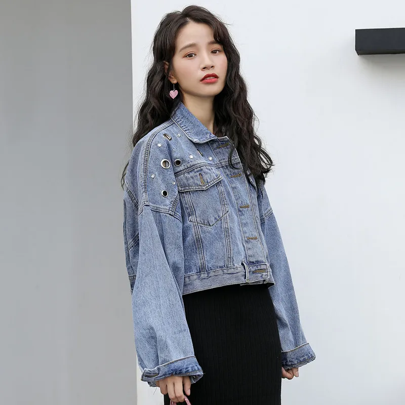 

Preppy Style Blue Crop Top Jacket Women Denim Ring Detail Dual Pocket Jacket Ladies Fall Jeans Jackets Womens Clothing Outerwear