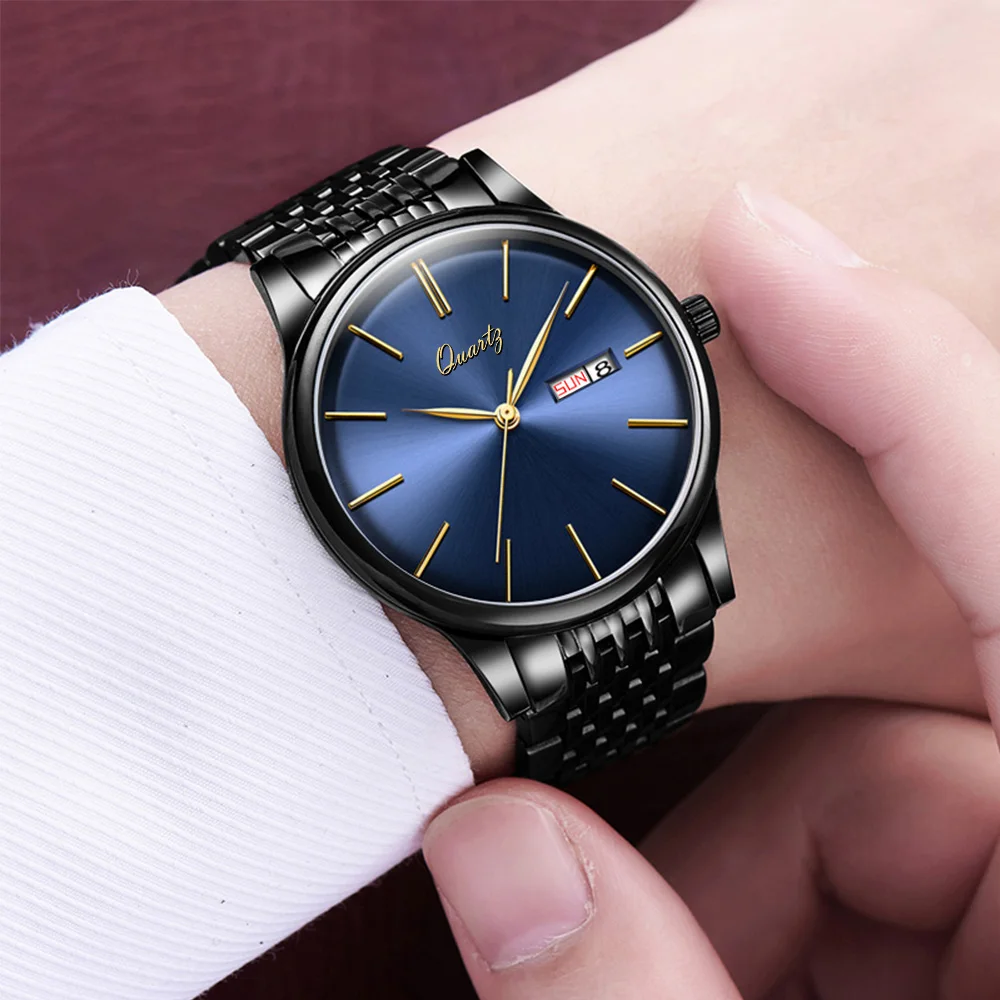 

Kopeck Business Men Quartz Wrist Watch Stainless Steel Classic Black Dial Calendar Male Analog Clock Genuine Leather Men's Watch