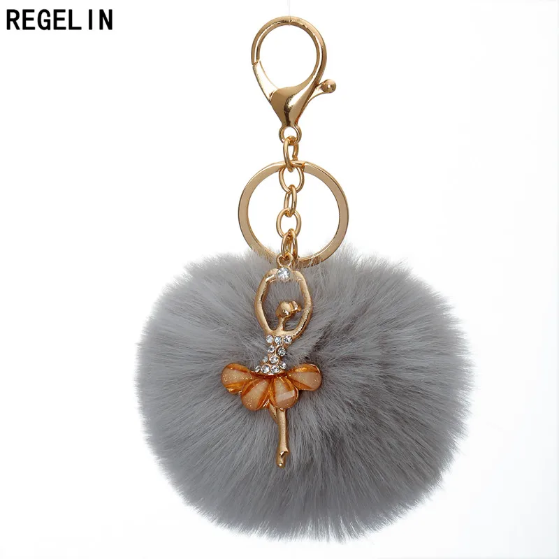 

REGELIN Dancing Angel Girl Fluffy Pompom Keychains Fake Rabbit Fur Ball KeyChain Women Bag Charms Jewelry Gift Pompom Keychain