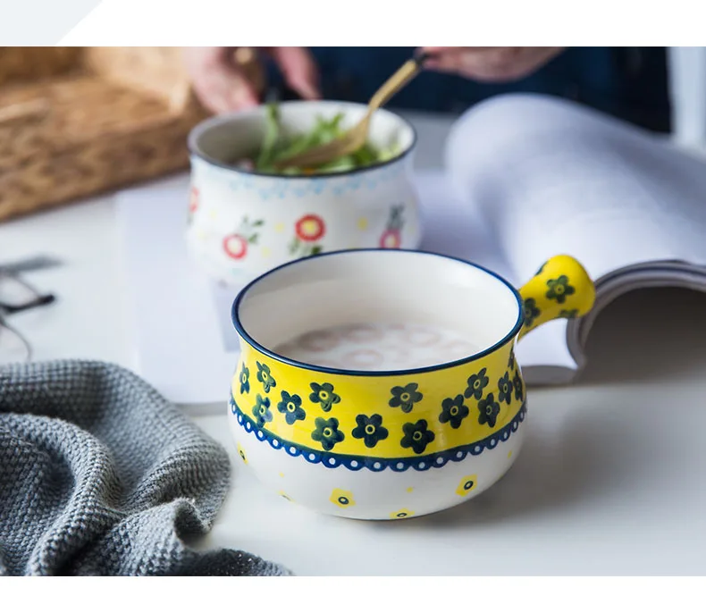 ANTOWALL японский-стиль завтрак чаша с ручкой овсяная мука салат мгновенный супница домашний ручная краска маленький цветочная керамическая чаша