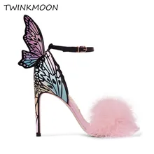 Сандалии с украшением в виде крыльев бабочки; женские дизайнерские меховые туфли на высоком каблуке; кожаные женские туфли для подиума с объемными крыльями; abrik sandalias mujer;