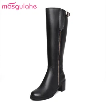 

Masgulahe fashion knee high boots skid resistance buckle genuine leather boots zipper round toe winter boots for womens shoes