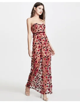 

High Quality Sexy Women Dress 2 Layers Mesh Straoless Print Appliques Ankle-Length Dress Cocktail Party Dress