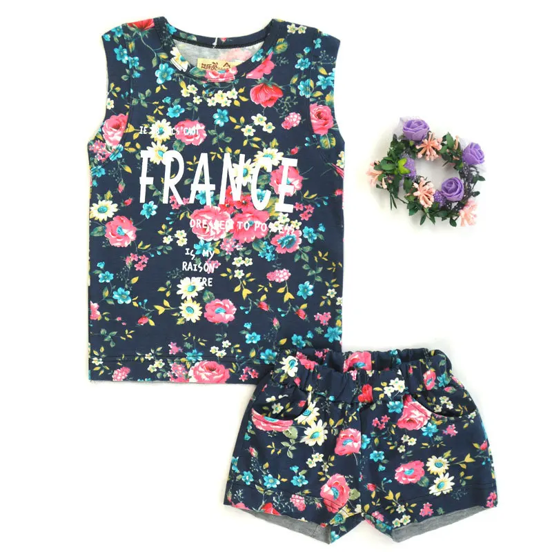 

3-7 yrs Summer New Flower Set Baby Girls Clothing Sets Retro Color Flowers Letters T-shirts+ Shorts Suit Fashion Kids Clothes