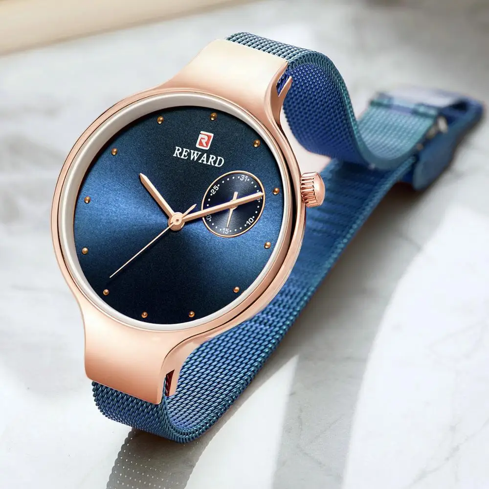 

Ultra Thin REWARD Watch Women Quartz Clock Top Brand Luxury Blue Mesh Strap Calendar Fashion Elegant Ladies Wristwatch for Girl