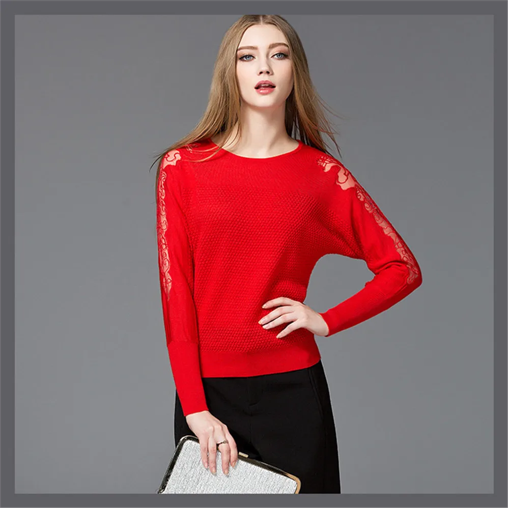 Autumn Lace sleeve Sweater T shirt for women 2017 knitted pullover sweater T shirt Women winter warm knitting sweater shirt (6)