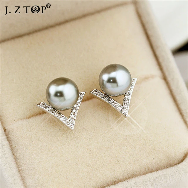 

Fine Jewelry Rhinestone Gray Imitation Pearl Earrings Fine Needle Geometric V Type Stud Earrings Anti Allergy Bisuteria