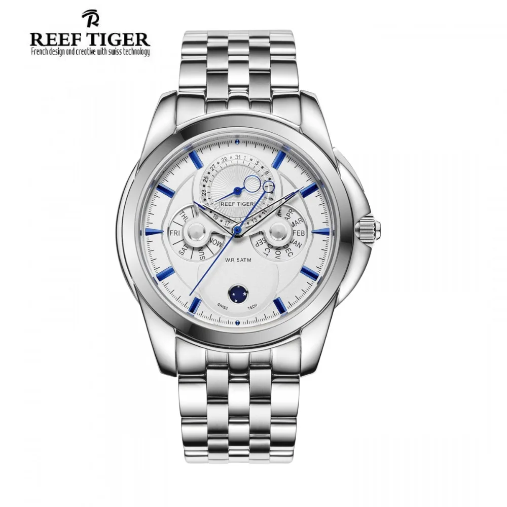  Reef Tiger/RT Watch Casual Business Complicated Watch with Date Calender Moon Phase Watch for Men R