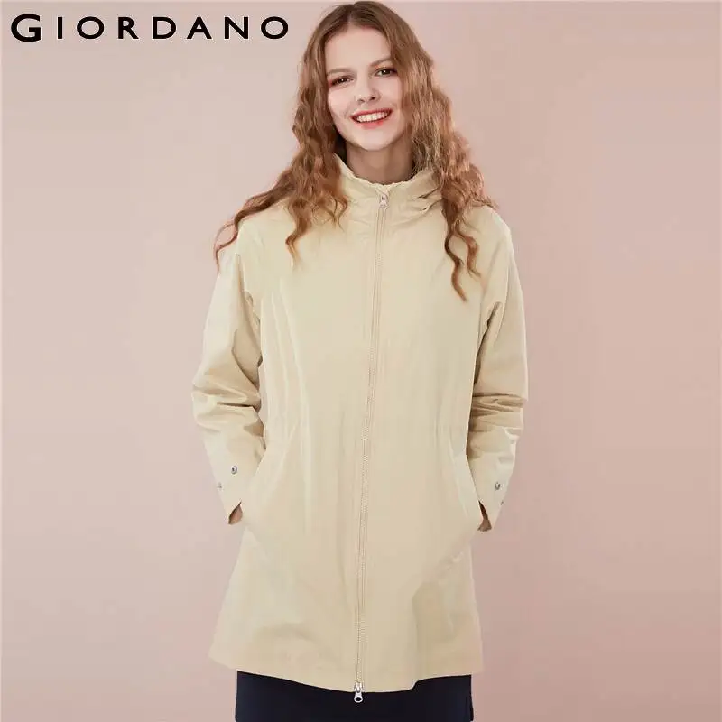 Giordano Женская ветровка окольцованная Талия Скрытая капюшон Длинная стильная