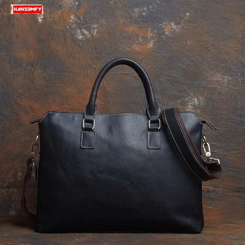 

2019 new simple Cowhide leather Men briefcases handbag 14 inch computer shoulder bag genuine leather laptop business briefcase