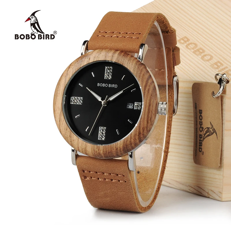 BOBO BIRD Crystal Men Watches Wooden Bezel Steel Watch with Brown Leather Strap in Gift Box
