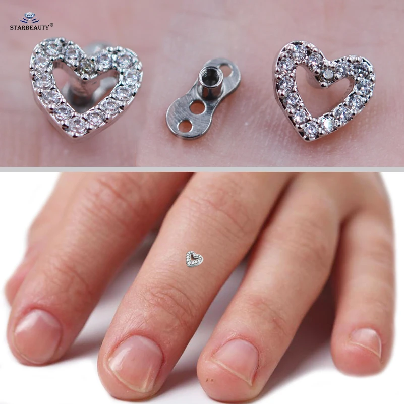 Starbeauty 1set Light Tide Micro Dermal Piercing Top 16G Heart Skin