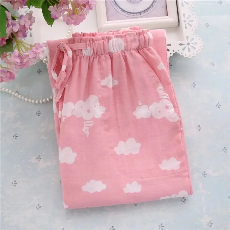 Летние женские пижамы газовые хлопковые брюки мужские женские клетчатые брюки свободные повседневные штаны для сна штаны пижамы - Цвет: Pink clouds woman