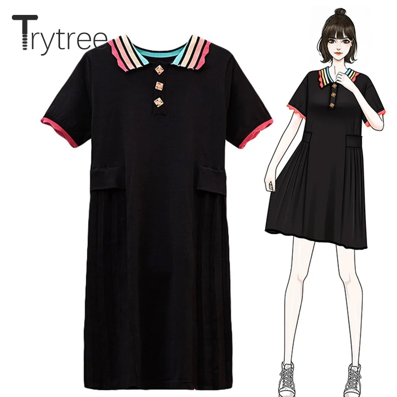 

Trytree Summer Women Dress Casual Turn-down Collar Button Shirt Dresses Pleated Hem Knitting Casual Black Straight Mini Dress