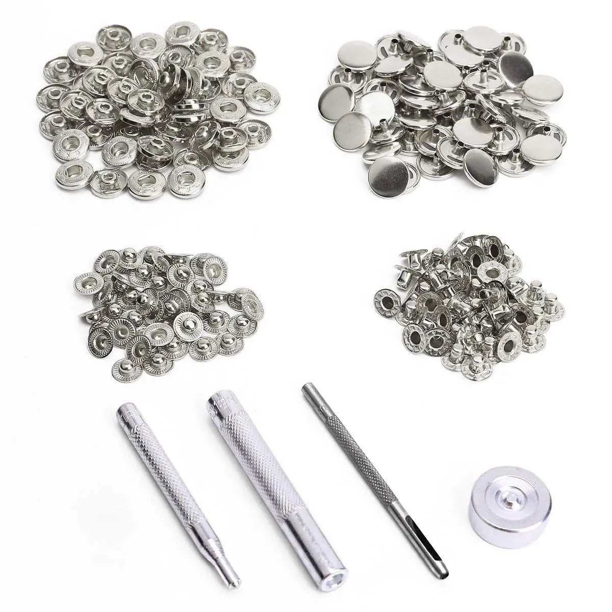 

Hot Sale 50 x silver metal push button 15mm + tool for leather goods
