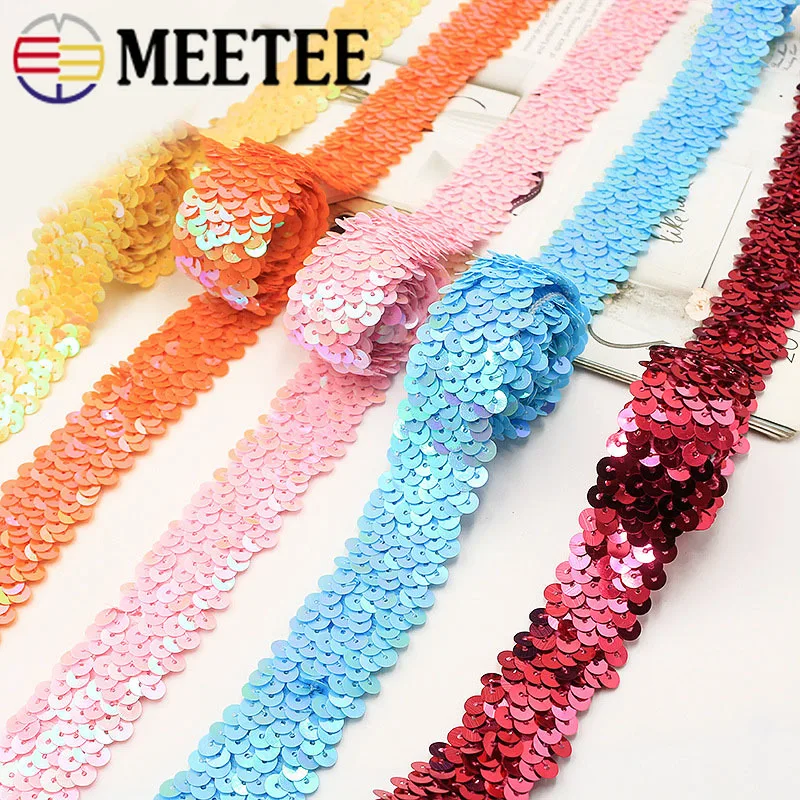 

8Meters 30mm Gold Silver Sequins Lace Ribbons Elastic Lace Trims Stretch Fabric DIY Latin Dance Dress Paillettes Ruban Dentelle