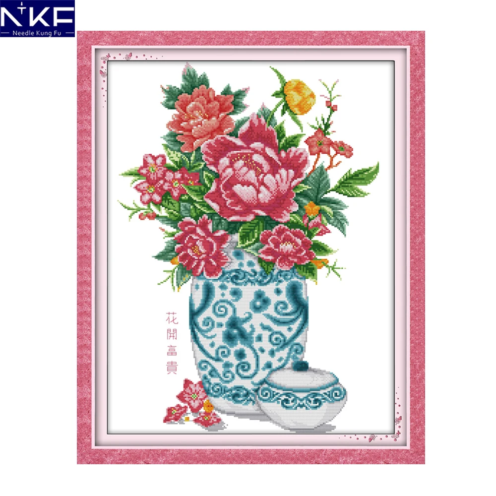 

NKF Fortune Comes with Blooming Flowers Chinese Flowers Needlework Cross Stitch Kits for Embroidery Home Decor Cross-stitch Set