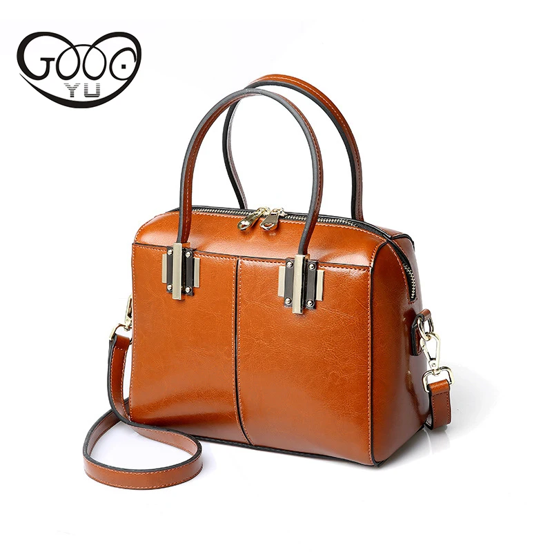 

GOOG.YU Branded genuine leather women bag with metal sheet and rivet reinforcement handle square designer handbags high quality