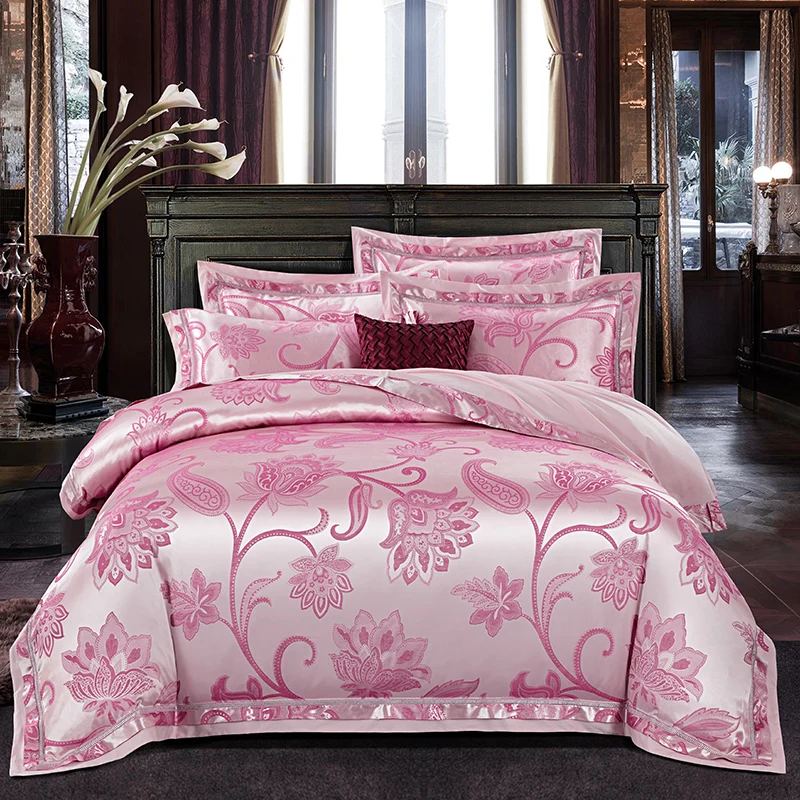 

2018 Bohemian Flowers Pink Bed Cover Silk Cotton Blend Duvet Cover Set Jacquard 4pc Queen King Bedlinens Sheet Pillowcases