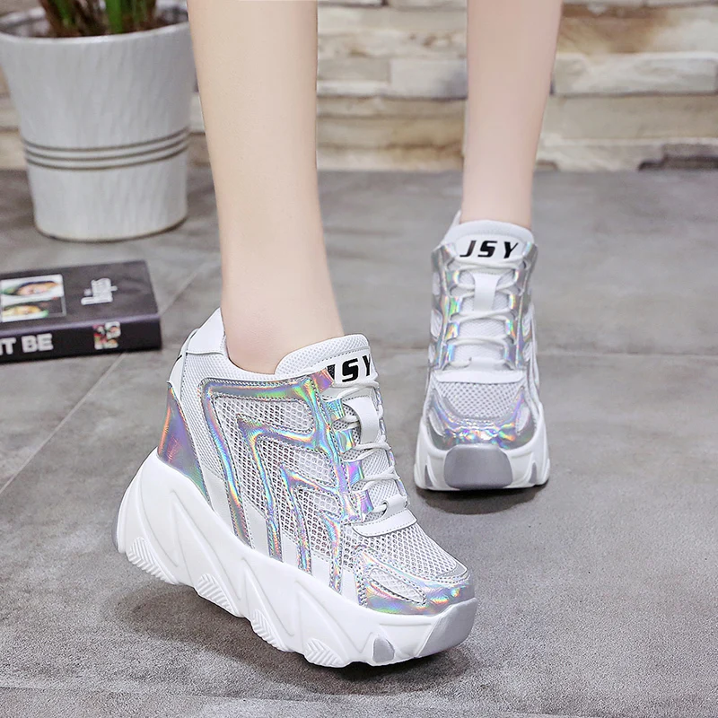 

Rimocy women's hidden heels breathable air mesh silver laser casual shoes woman height increasing lace up high platform sneakers