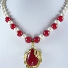 Натуральный ювелирный элегантный 7-8 м белый культивированный жемчуг& красный драгоценный камень ожерелье кулон с тонким покрытием Свадебные широкие часы крылья королева