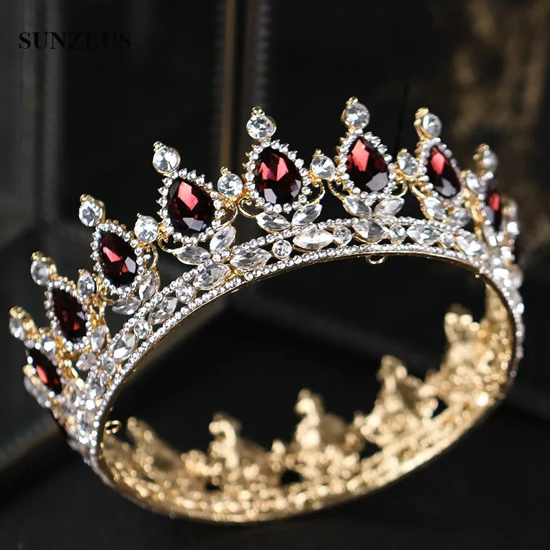 Luxury Round Queen Crowns Shinny Crystal Gold Bridal Tiara With Burgundy Rhinestones New Princess Marrige Accessory SQ0295