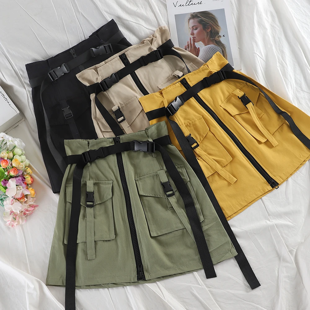 

Safari Style Harajuku Mini Skirt Fashion Streetwear Casual With Sashes Women Army Green Yellow Khaki Saias Punk Style Bottoms