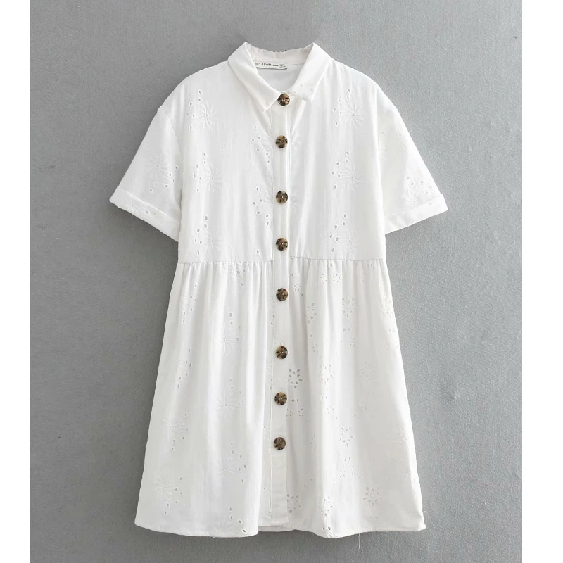

2019 women vintage hollow out embroidery white shirtdress short sleeve buttons dress sweet vestidos chic party dresses