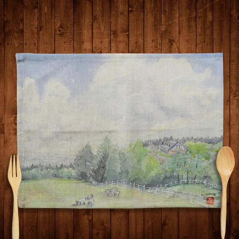 Brief Scenery Linen Table Mats Western Bowl Pad Non-slip Flowers Pattern Placemats For Dining Kitchen Decorate Table Coaster