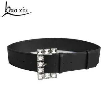 

New luxury female leather wide waistband women bride rhinestone big crystal metal buckle belts Girdle dress strap belts