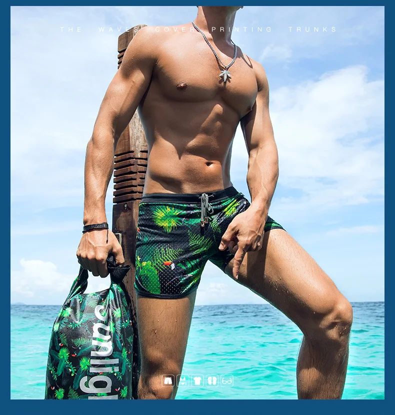 Летний Мужской купальный костюм maillot de bain, купальный костюм, камуфляжная Гавайская одежда, шорты для бассейна, с принтом, низкая талия, купальник, сетка