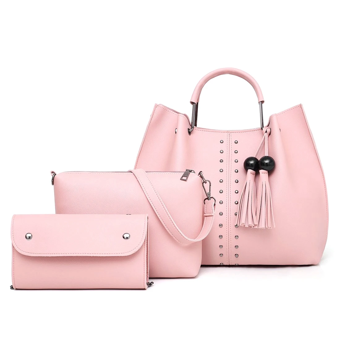 

FGGS-Tassel Handbag For Women Pu Leather Shoulder Bag Tote Satchel 3 Pcs Purse With Zipper Rivet