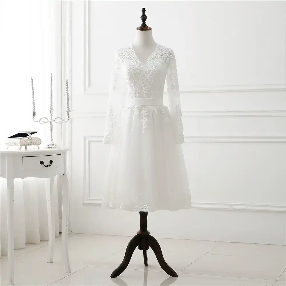 1905 S Vintage White Short Wedding Dress Long Sleeve Lace Tulle Wedding Dress Long Sleeve Lace Tulle