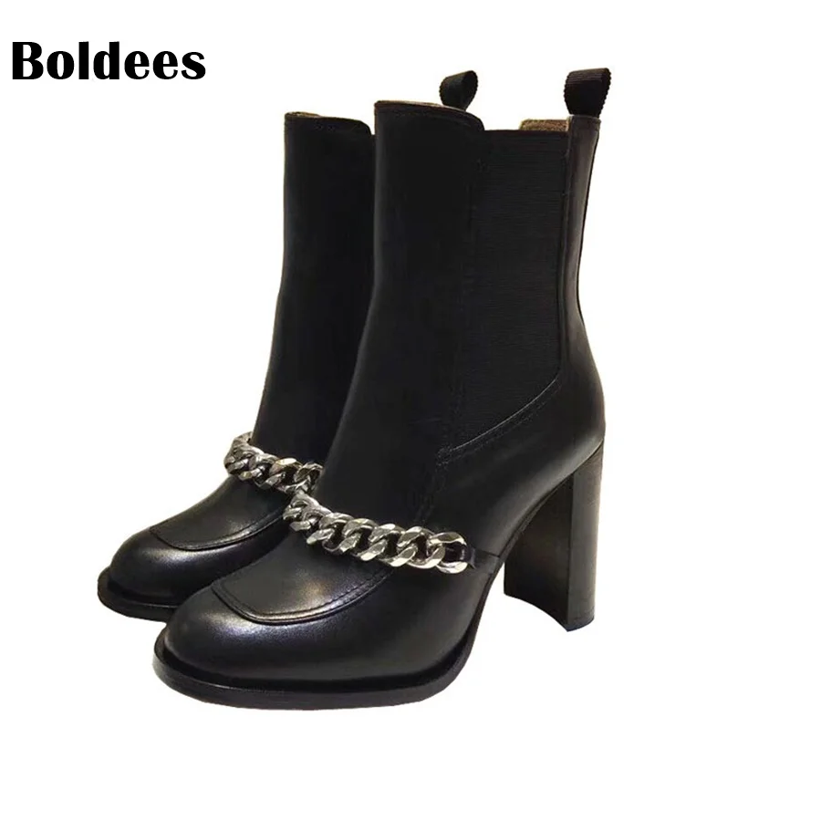 Winter Silver Chains Ankle Boots Woman Round Toe Black Leather High Heel Shoes Women Fashion Star Chelsea Short Boots jawakye round toe silver chains studded ankle boots women flat heel genuine leather winter shoes motocycle boots for women